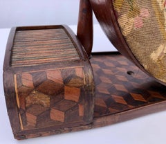 French Marquetry Embroidery Frame with Original Embroidery of Young Girl, 1800s