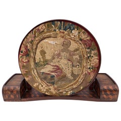 Antique French Marquetry Embroidery Frame with Original Embroidery of Young Girl, 1800s