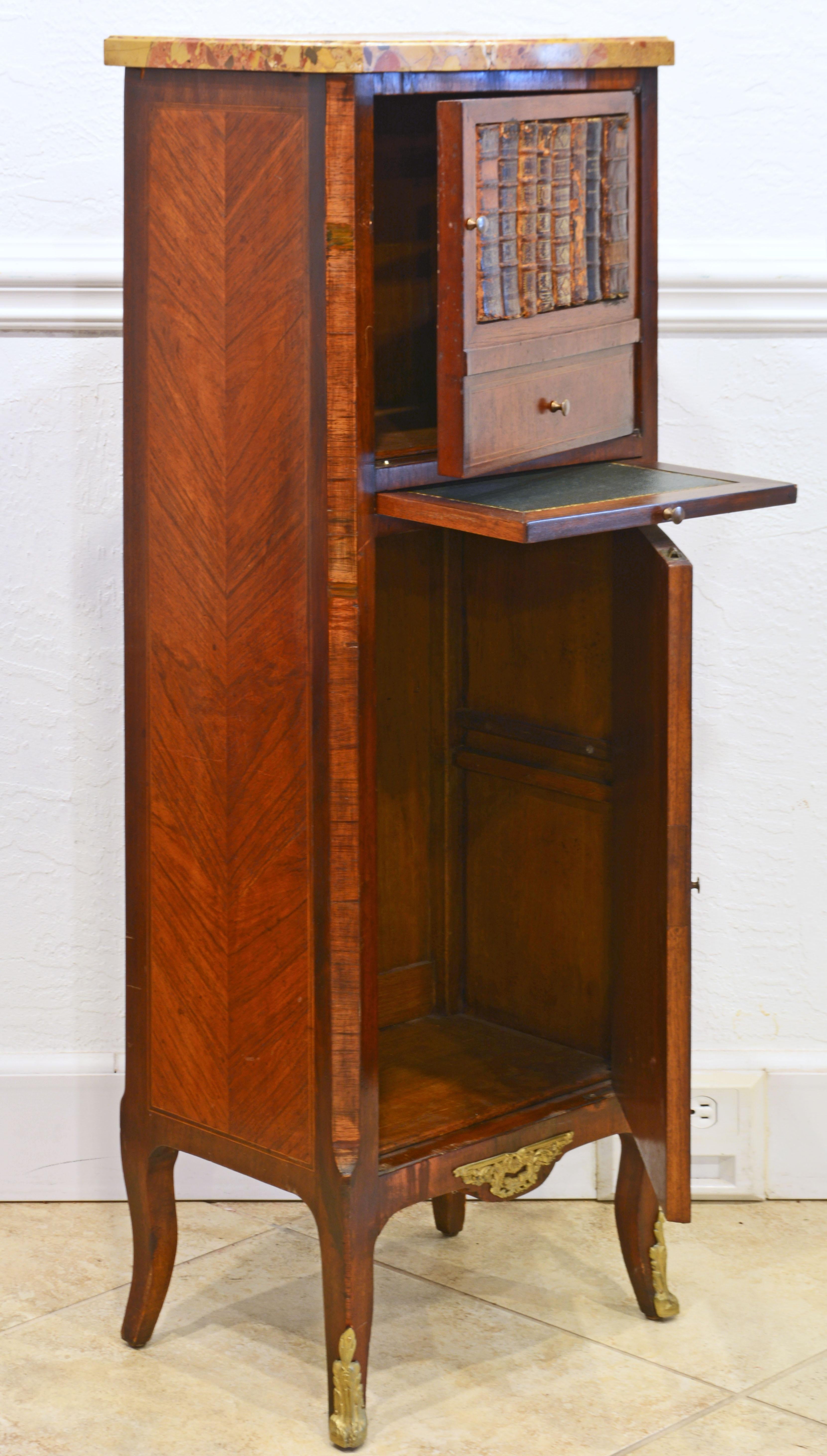 Parquetry French Marquetry Gilt Bronze Mounted Marble Top Petite Cabinet with Book Door