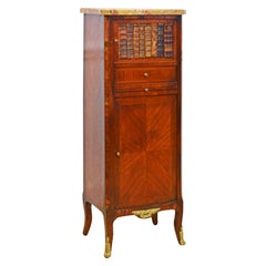 French Marquetry Gilt Bronze Mounted Marble Top Petite Cabinet with Book Door