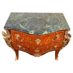French Marquetry Inlaid Bombe Commode with Verde Gris Shaped Marble