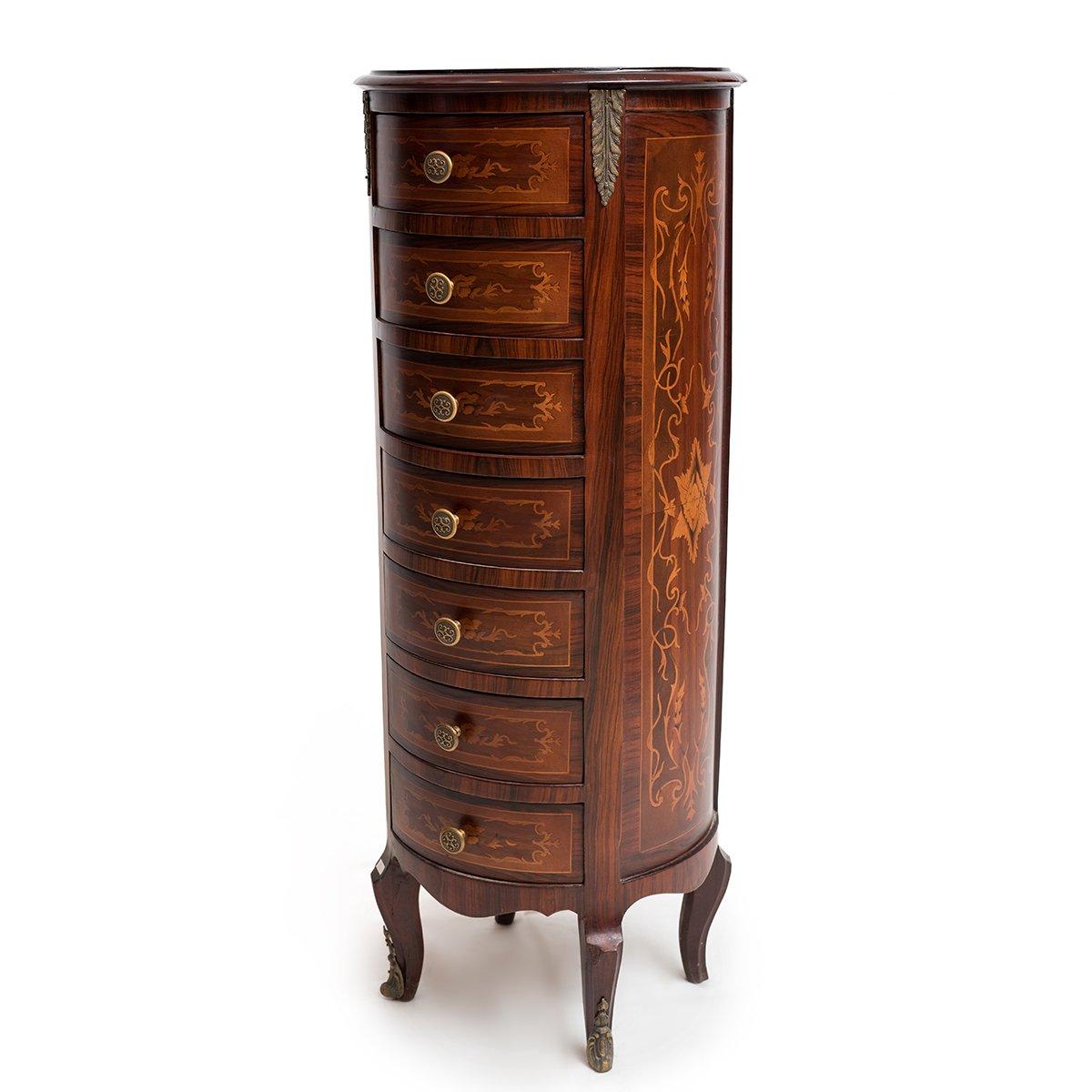 A beautiful French marquetry inlaid round 7 drawers chest (Tall), 20th century.

Special edition of French chest of drawers consist of 7 drawers, handmade from beechwood and hand carved with taste of Louis XV style. Ornamented with Marqueterie