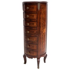 French Marquetry Inlaid Round 7 Drawers Chest 'Tall', 20th Century