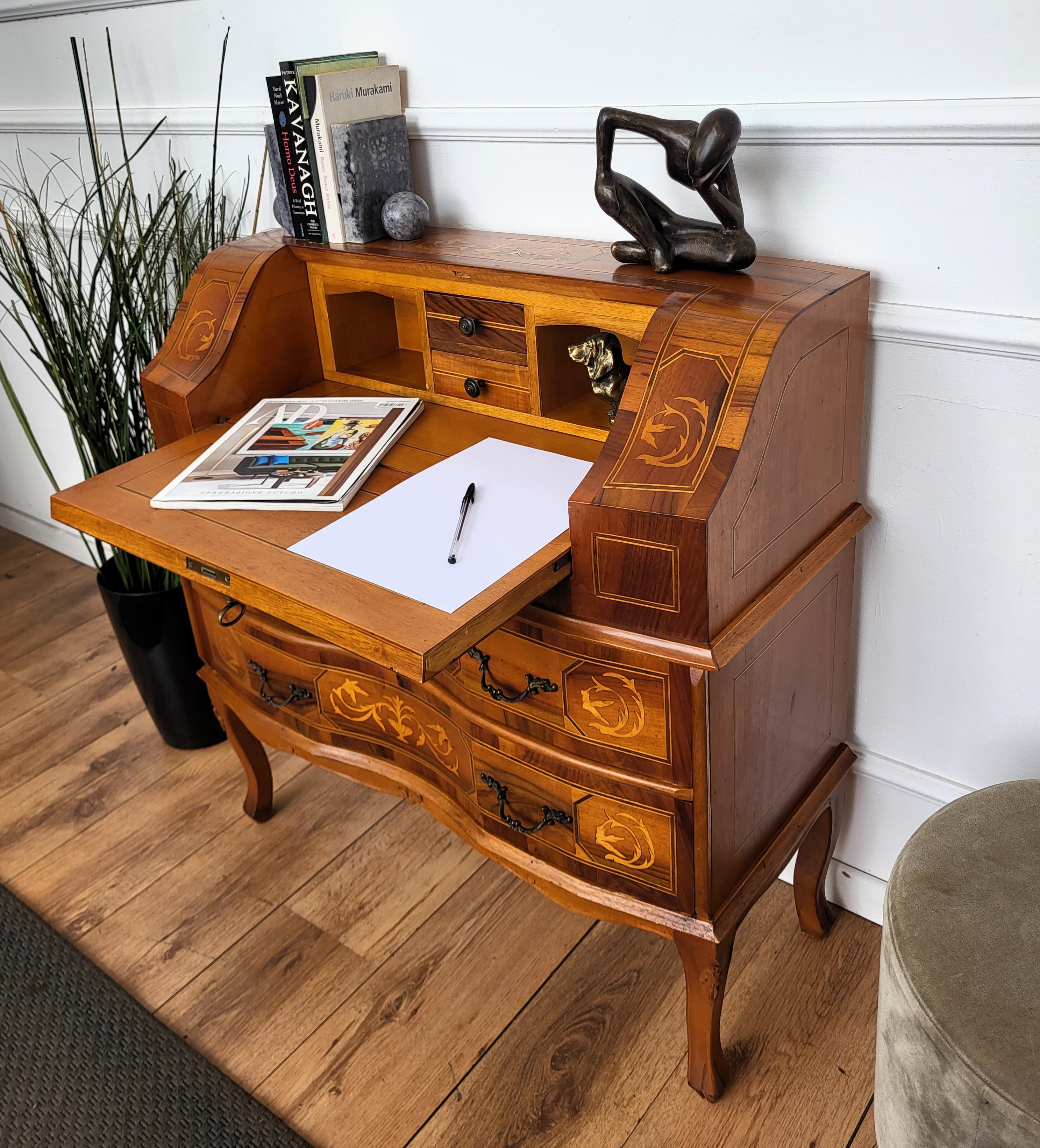 Belle Époque French Marquetry Inlay Walnut Burl Secretary Slant Front Desk Writing Table