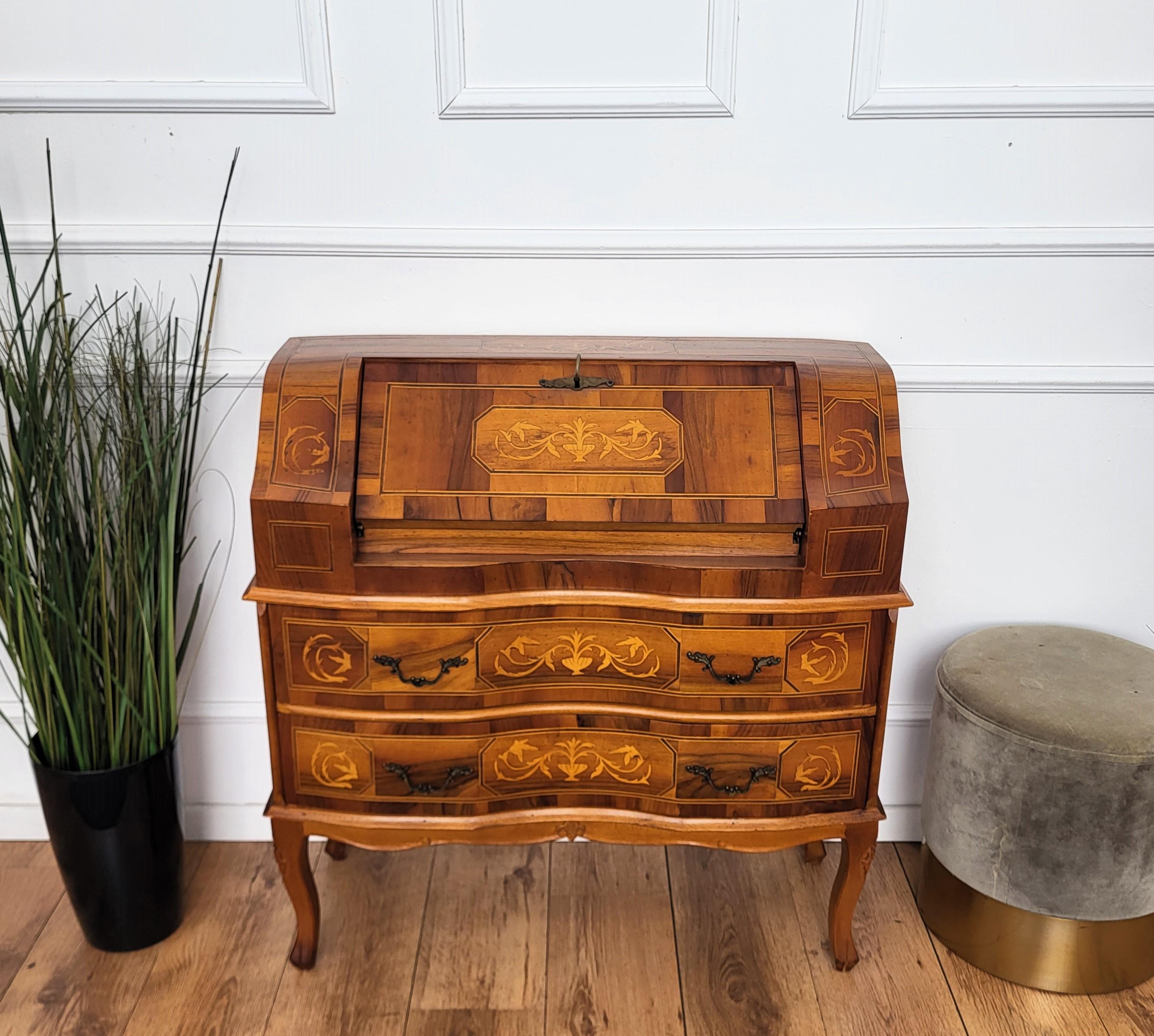 20th Century French Marquetry Inlay Walnut Burl Secretary Slant Front Desk Writing Table