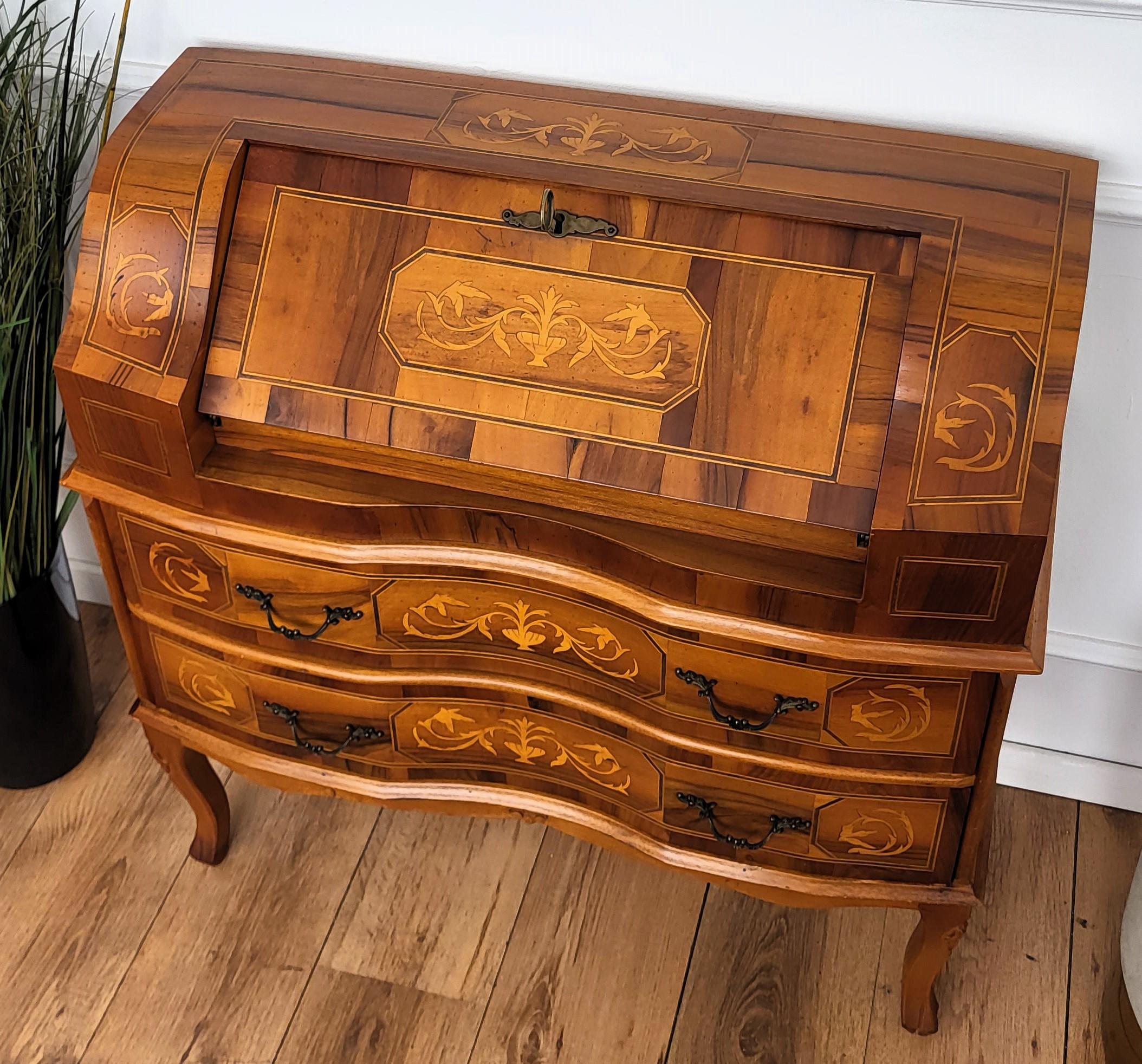 Brass French Marquetry Inlay Walnut Burl Secretary Slant Front Desk Writing Table