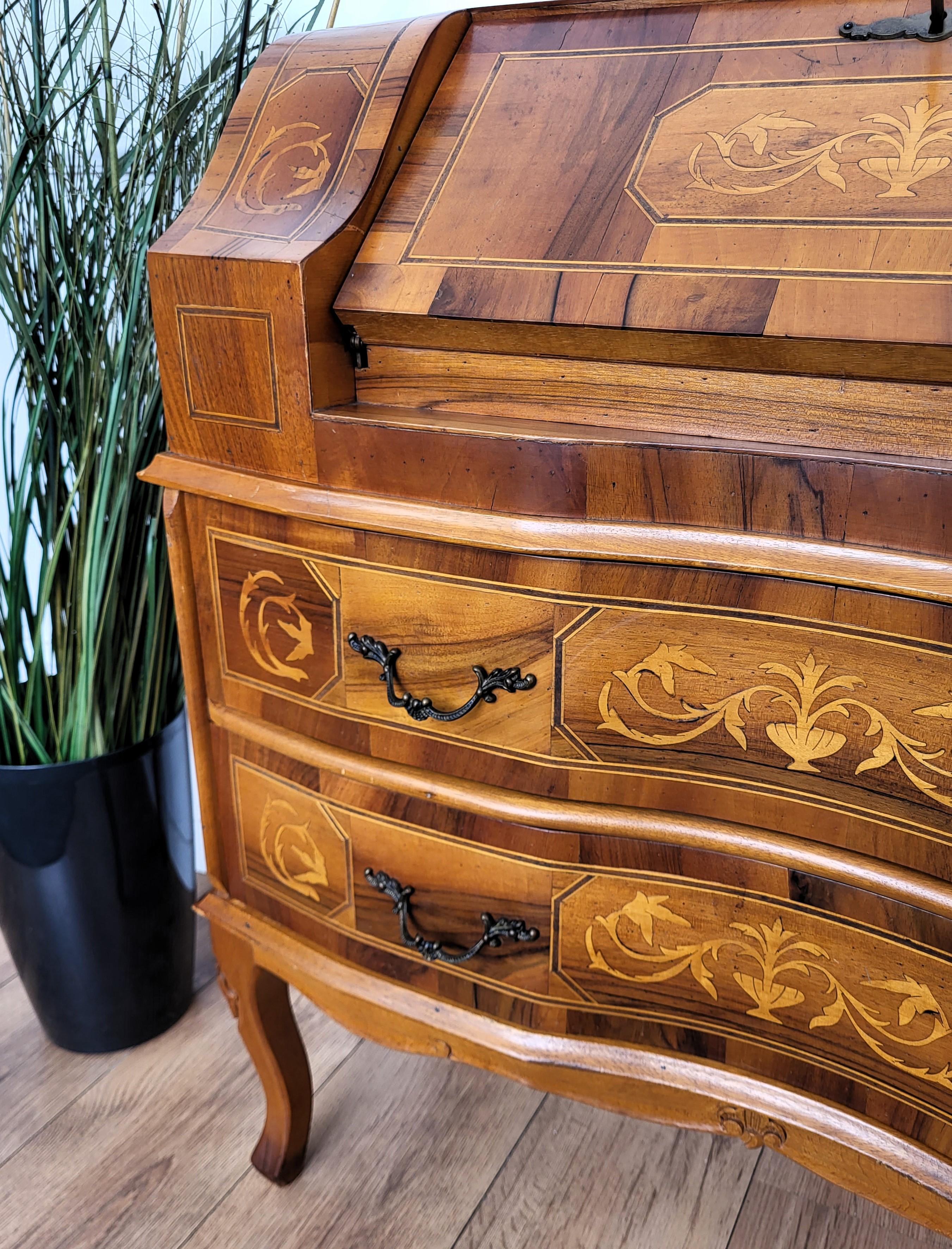 French Marquetry Inlay Walnut Burl Secretary Slant Front Desk Writing Table 1