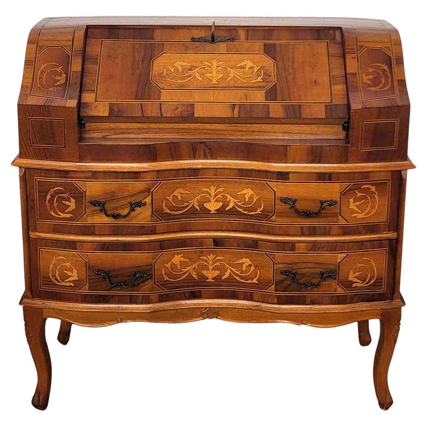 French Marquetry Inlay Walnut Burl Secretary Slant Front Desk Writing ...