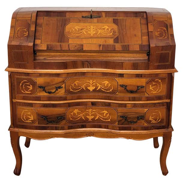 French Inlay French Marquetry Inlay Walnut Burl Secretary Slant Front Desk Writing ...