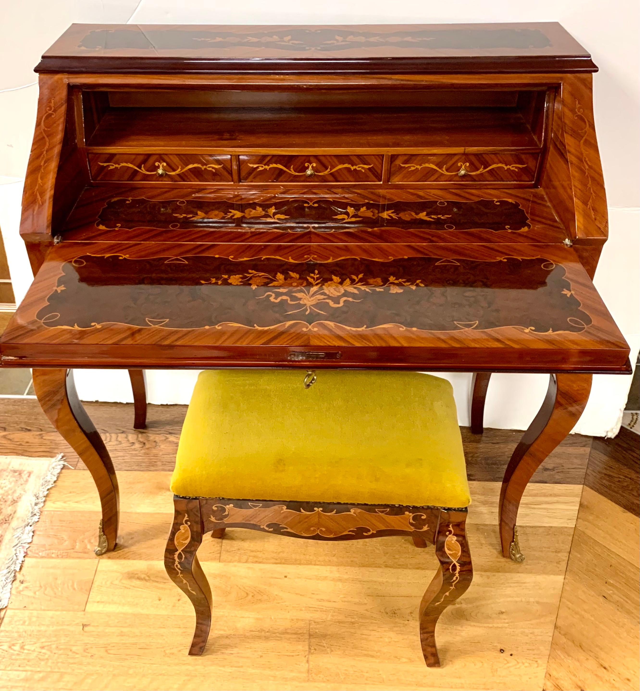 20th Century French Marquetry Ladies Writing Desk Vanity With Stool