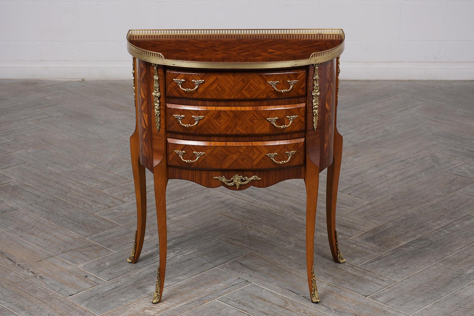 Brass French Marquetry Louis XVI Style Demilune Side Table