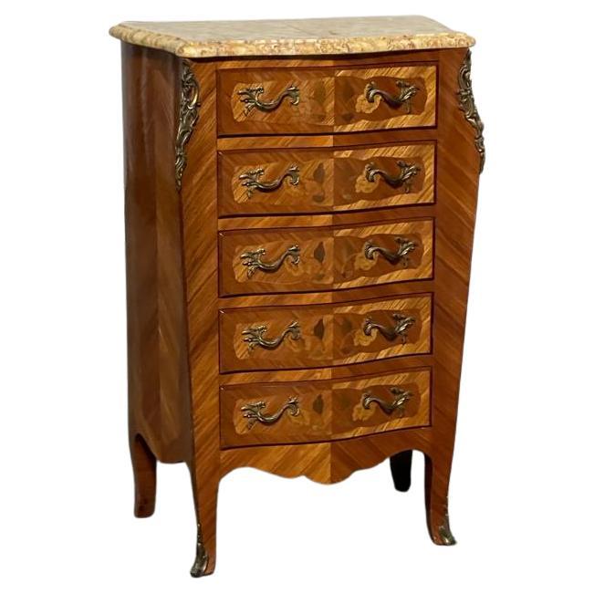 French Marquetry Serpentine Chest Of Drawers For Sale