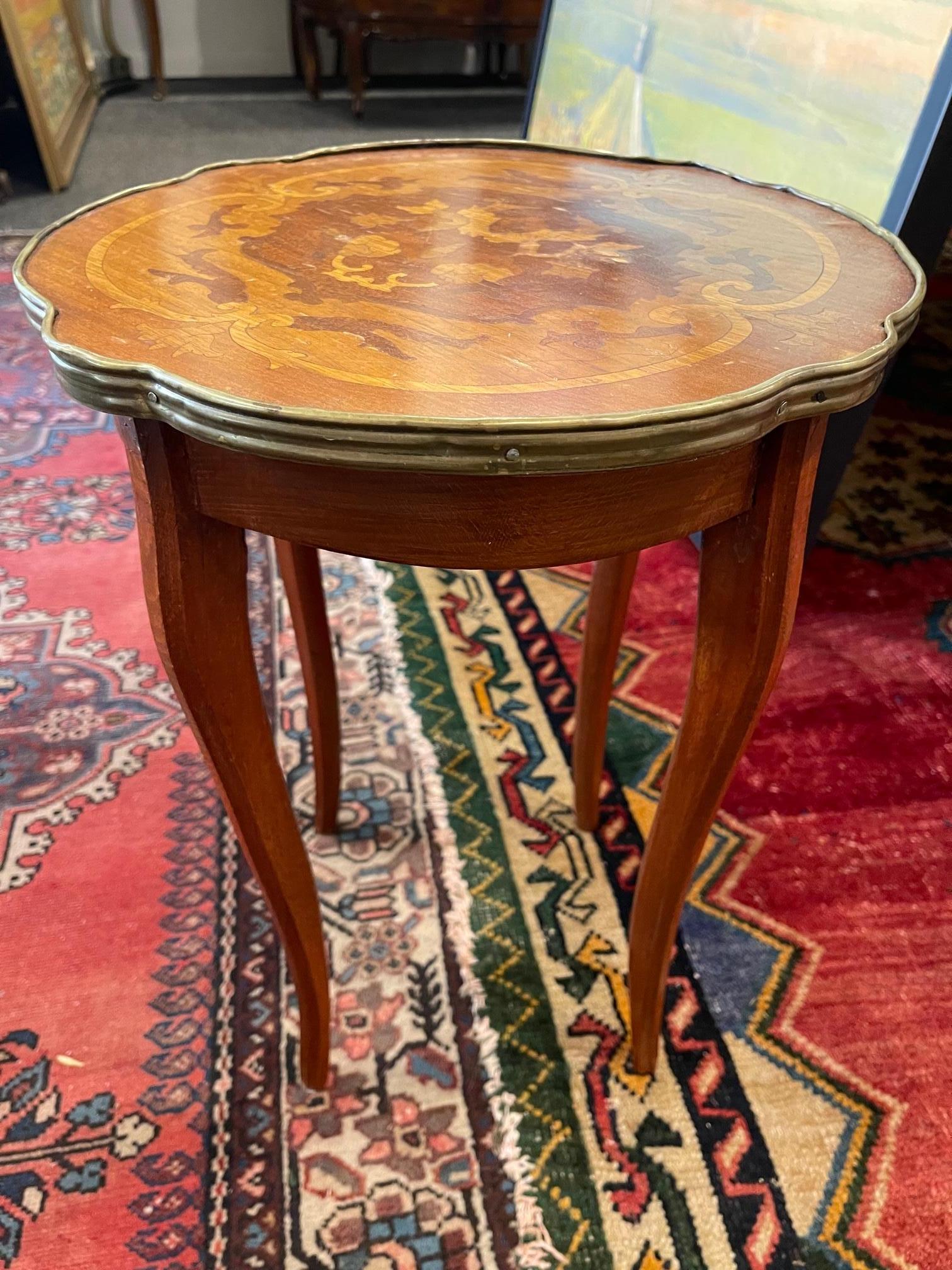 Fruitwood French Marquetry Side Table with a Brass Trim Around Wood Top, 20th Century For Sale