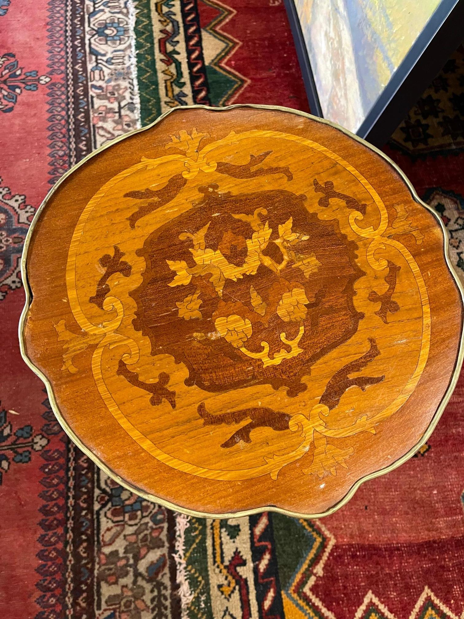 French Marquetry Side Table with a Brass Trim Around Wood Top, 20th Century For Sale 2