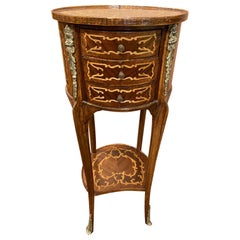 French Marquetry Side Table with Drawers and Brass Escutcheons, 20th Century