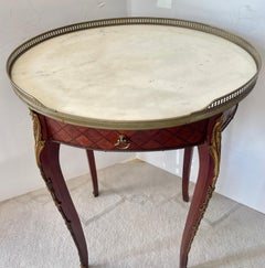 French Marquetry Wood Brass Gallery Marble Top Gueridon Table, Early 20Th. C