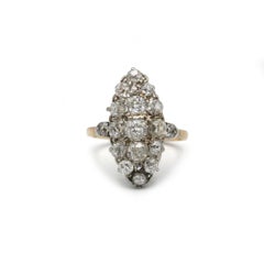 French marquise cluster diamond ring,  18K yellow gold 1.50 ct old-cut
