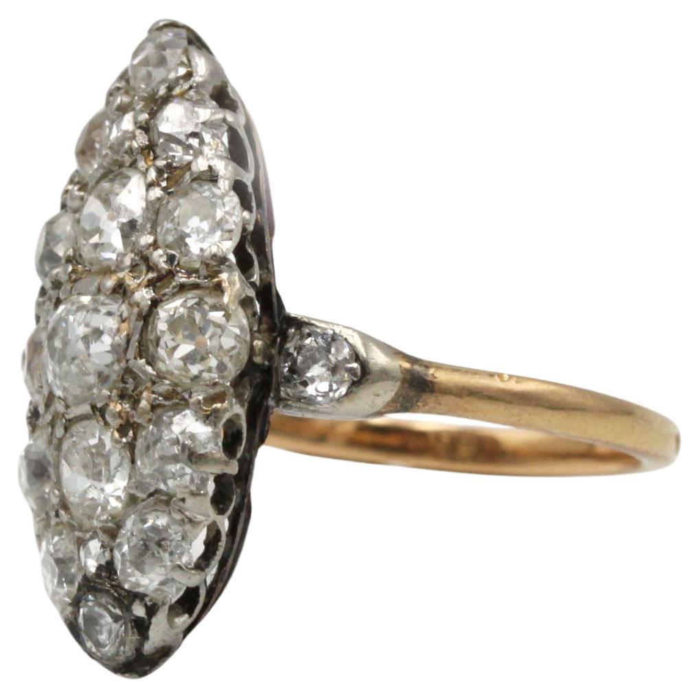 Bague française en diamant marquise, Or jaune 18 carats 1,50 ct taille ancienne