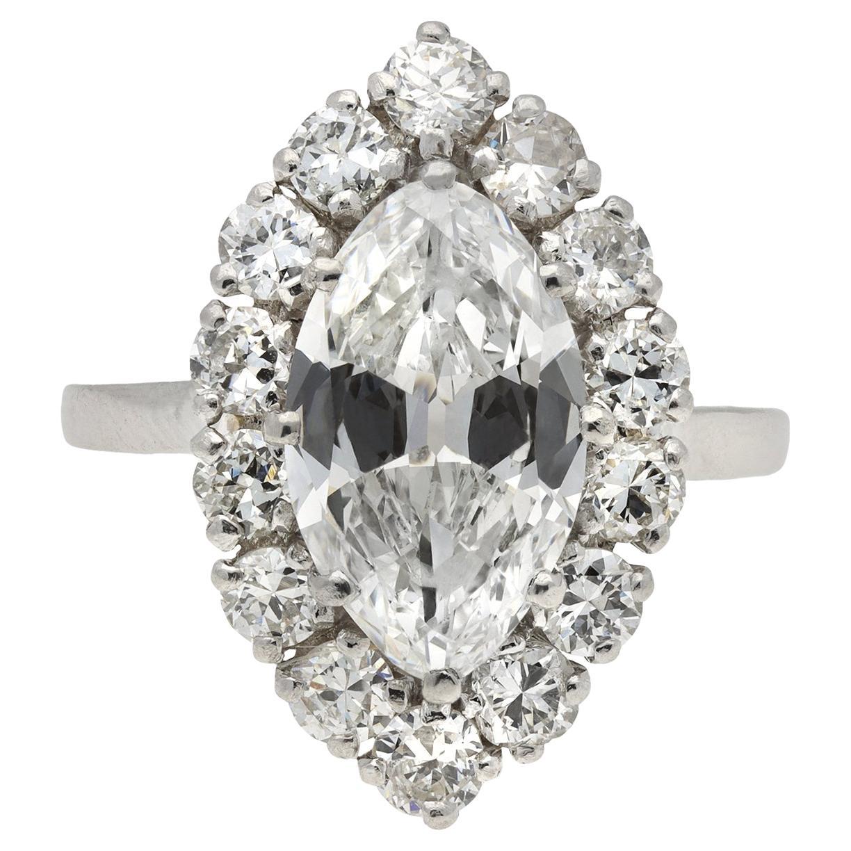 French Marquise Diamond Gold Platinum Cluster Ring For Sale