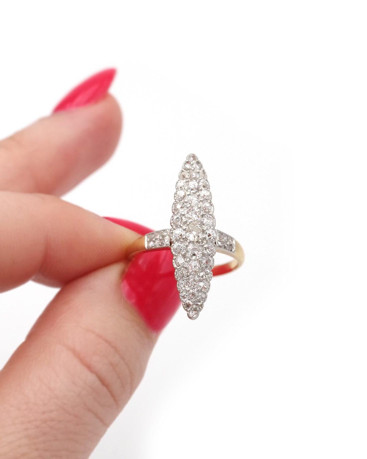 Old Mine Cut French Marquise navette old mine cut diamond ring in 18k gold and platine For Sale