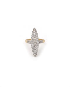 Antique French Marquise navette old mine cut diamond ring in 18k gold and platine