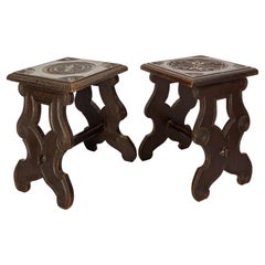 Antique French Massive Chestnut Pair of Stools from Britanny, Late 19th Century
