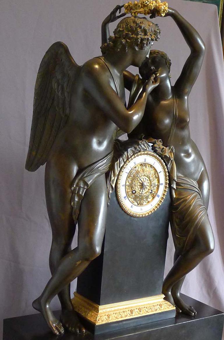 Patinated French Massive Mantel Clock of Psyche and Cupid Signed Deniere For Sale