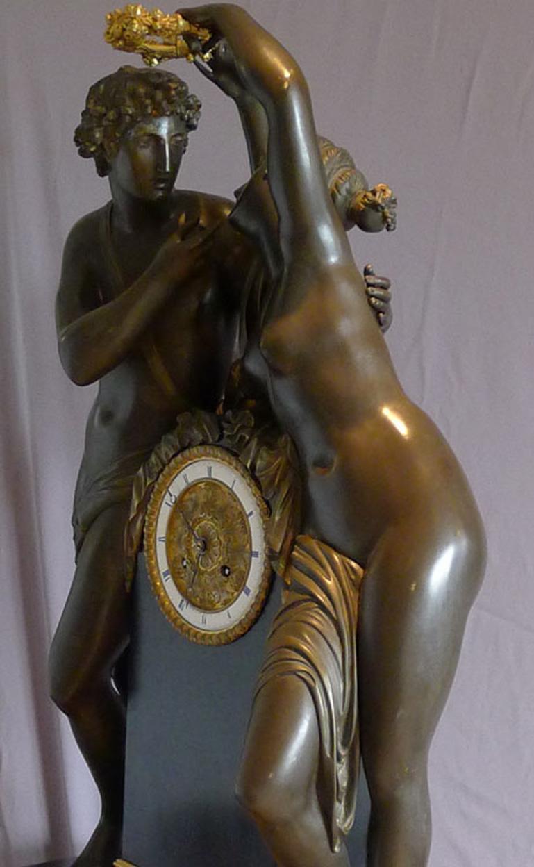 Bronze French Massive Mantel Clock of Psyche and Cupid Signed Deniere For Sale