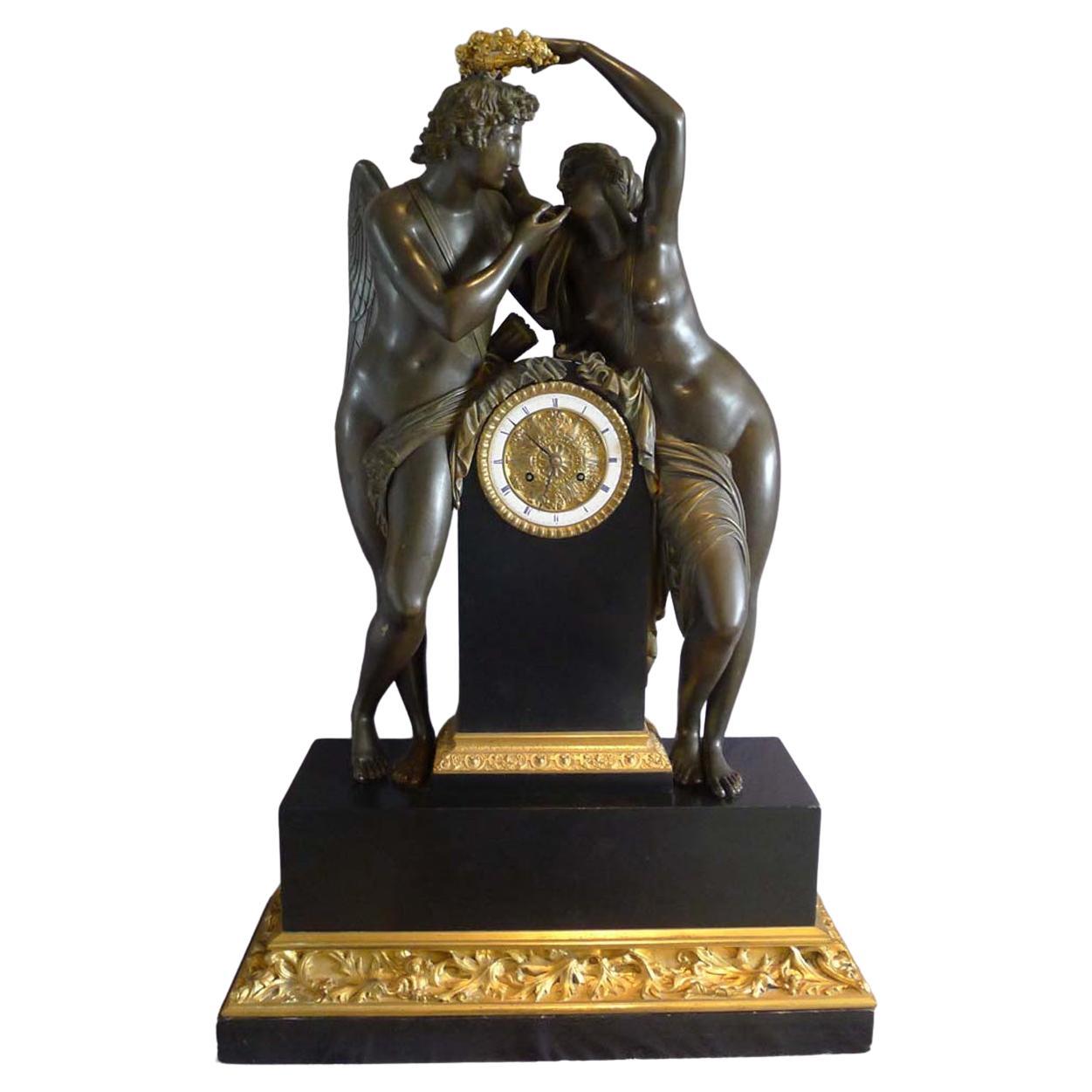 French Massive Mantel Clock of Psyche and Cupid Signed Deniere