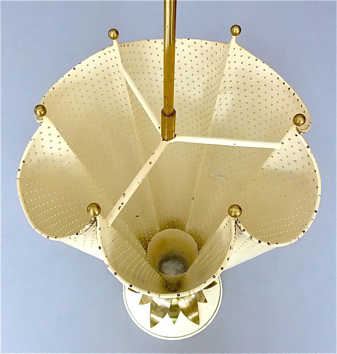 French Matégot Umbrella Stand Ivory White Perforated Metal Iron Brass Biny 1950s For Sale 5