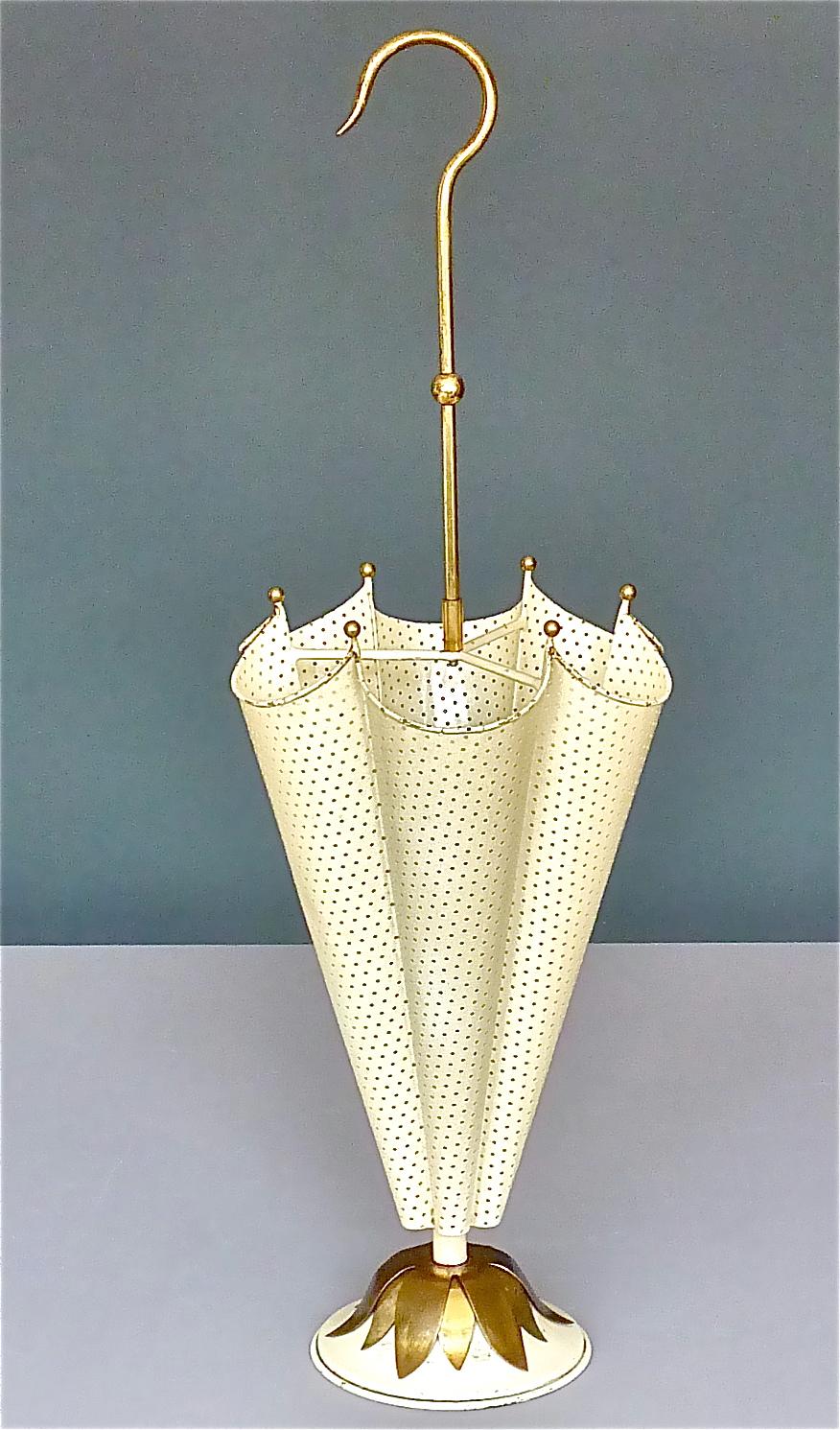 French Matégot Umbrella Stand Ivory White Perforated Metal Iron Brass Biny 1950s For Sale 10