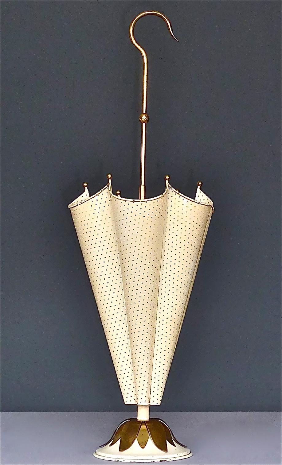 French Matégot Umbrella Stand Ivory White Perforated Metal Iron Brass Biny 1950s For Sale 11