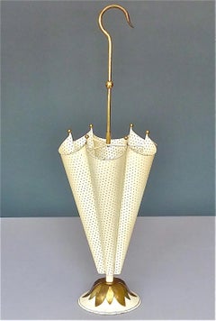 French Matégot Umbrella Stand Ivory White Perforated Metal Iron Brass Biny 1950s