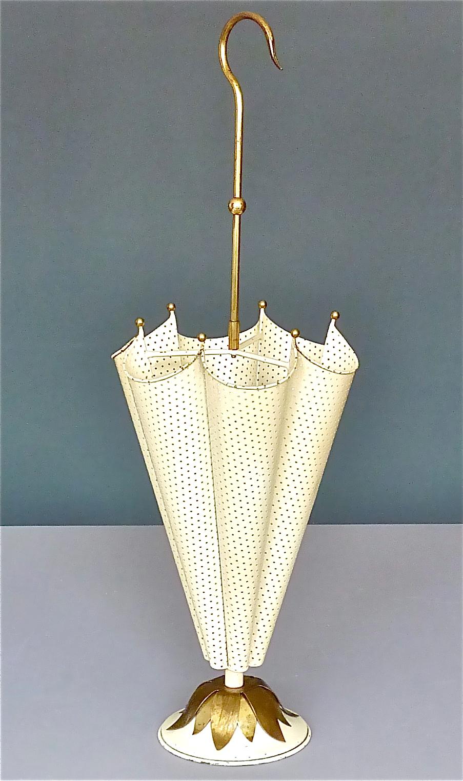 Mid-Century Modern French Matégot Umbrella Stand Ivory White Perforated Metal Iron Brass Biny 1950s For Sale