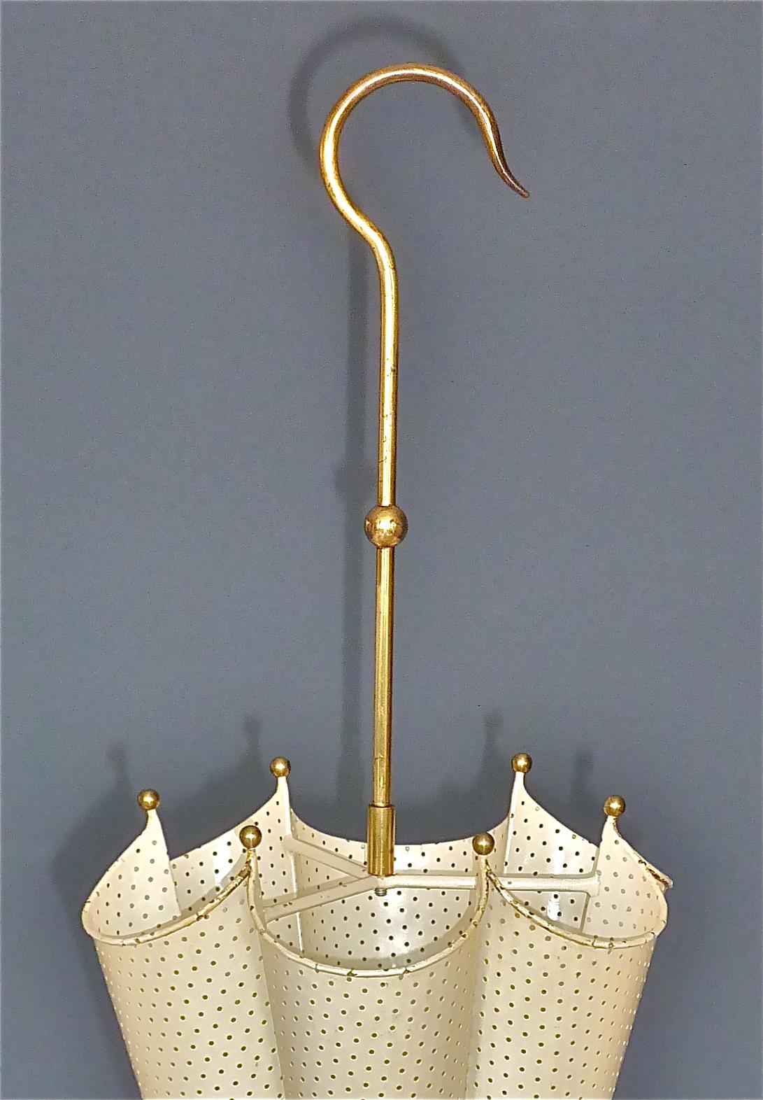 Enameled French Matégot Umbrella Stand Ivory White Perforated Metal Iron Brass Biny 1950s For Sale