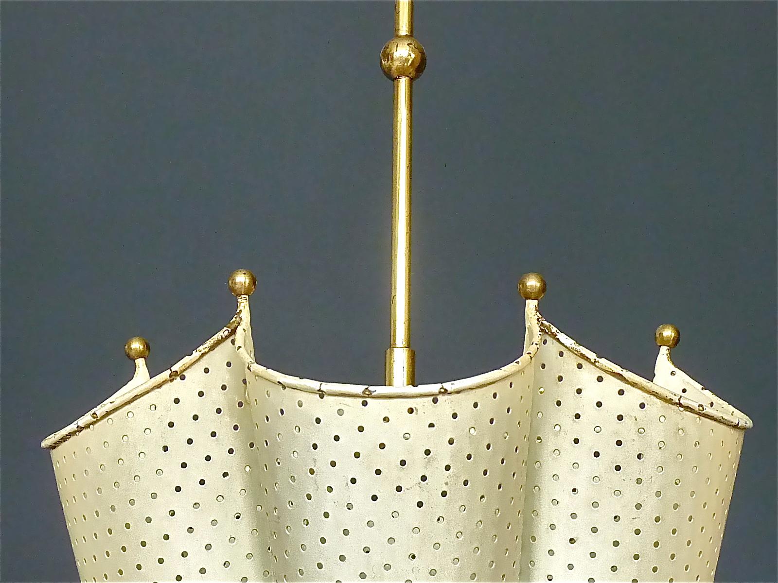 French Matégot Umbrella Stand Ivory White Perforated Metal Iron Brass Biny 1950s In Good Condition For Sale In Nierstein am Rhein, DE