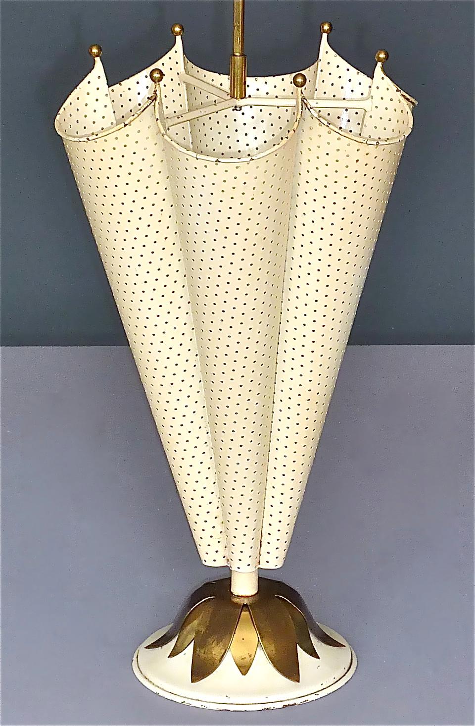 Mid-20th Century French Matégot Umbrella Stand Ivory White Perforated Metal Iron Brass Biny 1950s For Sale