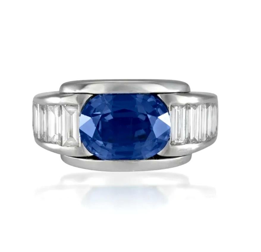 French MAUBOUSSIN  'ALESSANDRA' GIA 5.60ctw Blue Sapphire and Diamond 18k Ring For Sale 6