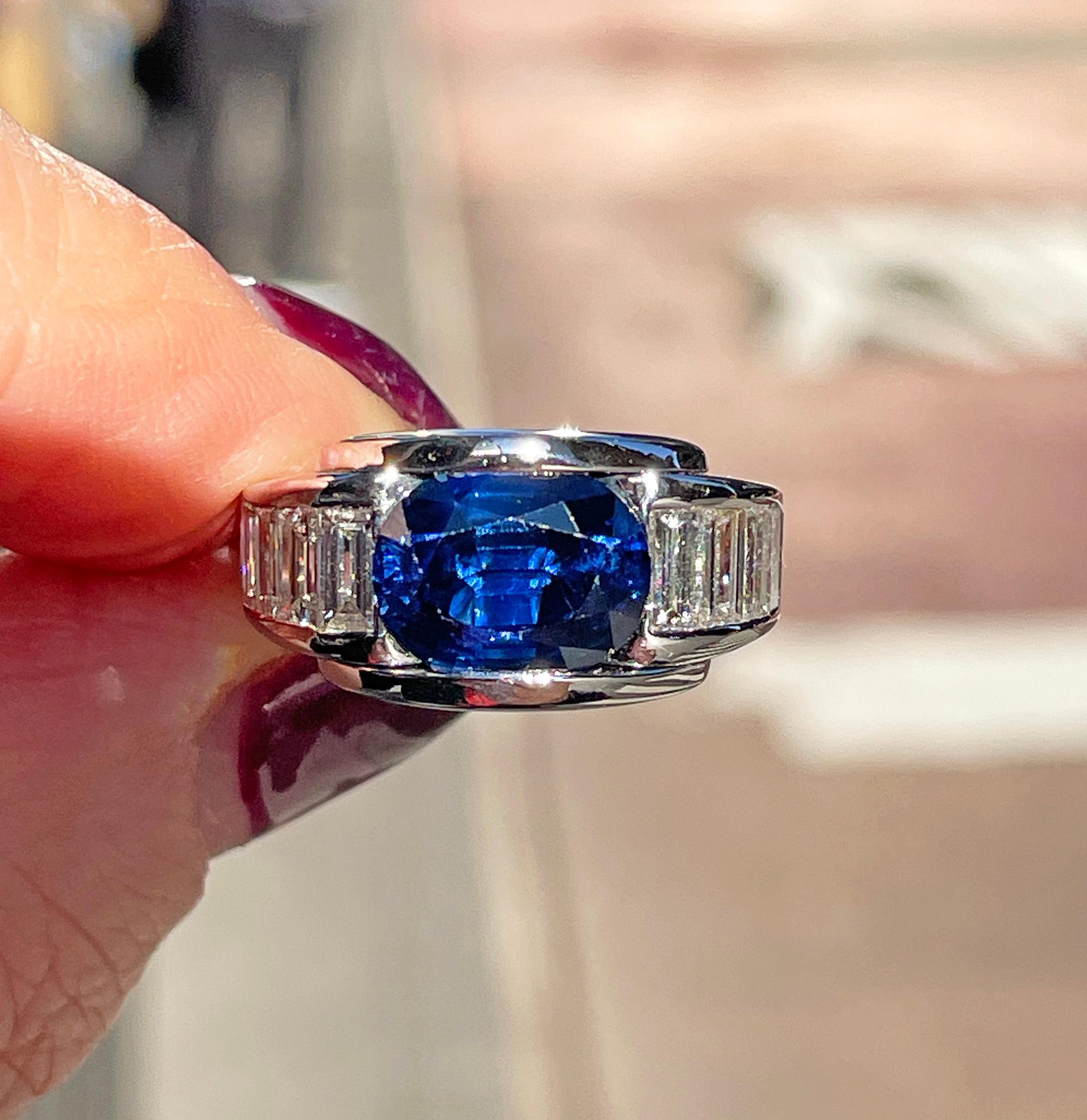 French MAUBOUSSIN  'ALESSANDRA' GIA 5.60ctw Blue Sapphire and Diamond 18k Ring For Sale 8