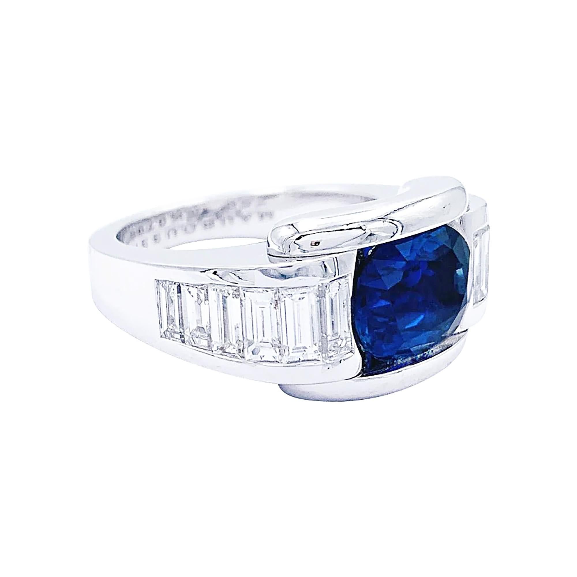 French MAUBOUSSIN  'ALESSANDRA' GIA 5.60ctw Blue Sapphire and Diamond 18k Ring In Excellent Condition For Sale In New York, NY