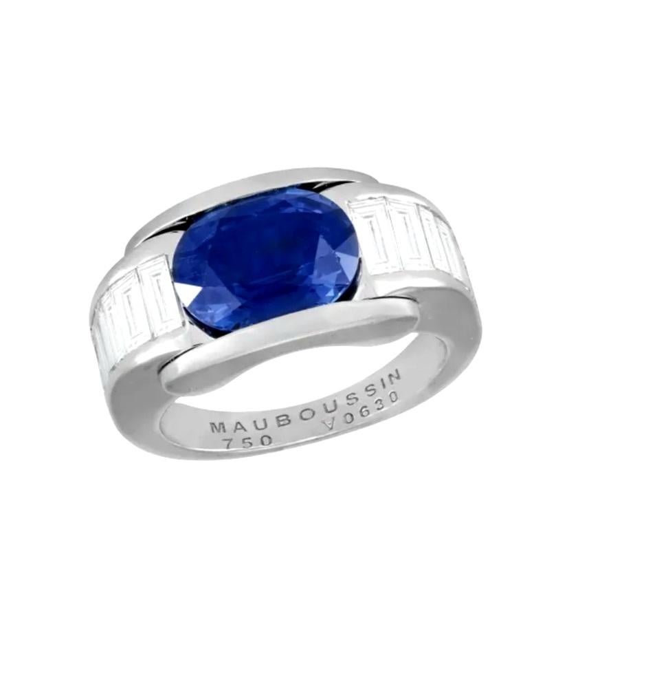 French MAUBOUSSIN  'ALESSANDRA' GIA 5.60ctw Blue Sapphire and Diamond 18k Ring For Sale 4