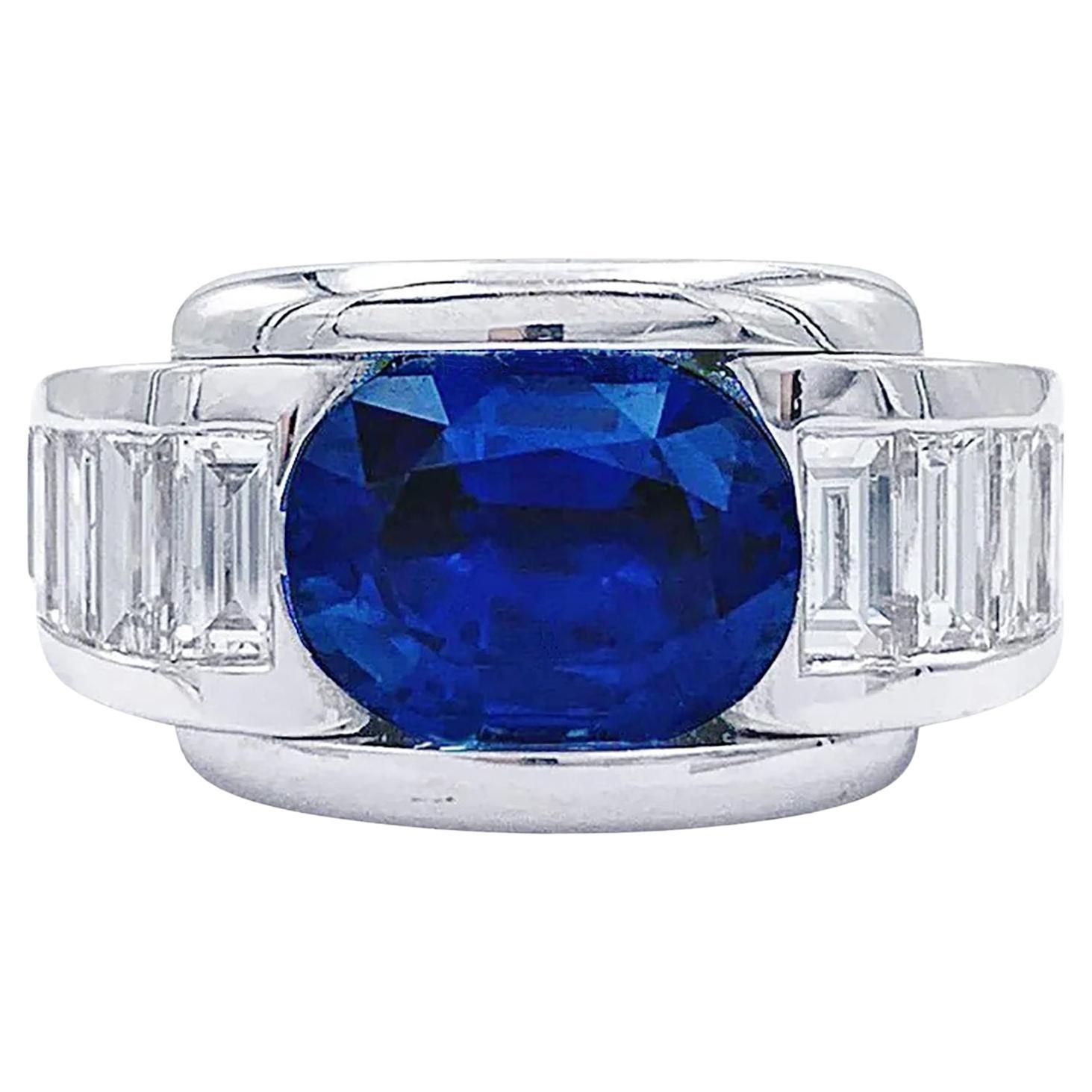 French MAUBOUSSIN  'ALESSANDRA' GIA 5.60ctw Blue Sapphire and Diamond 18k Ring For Sale