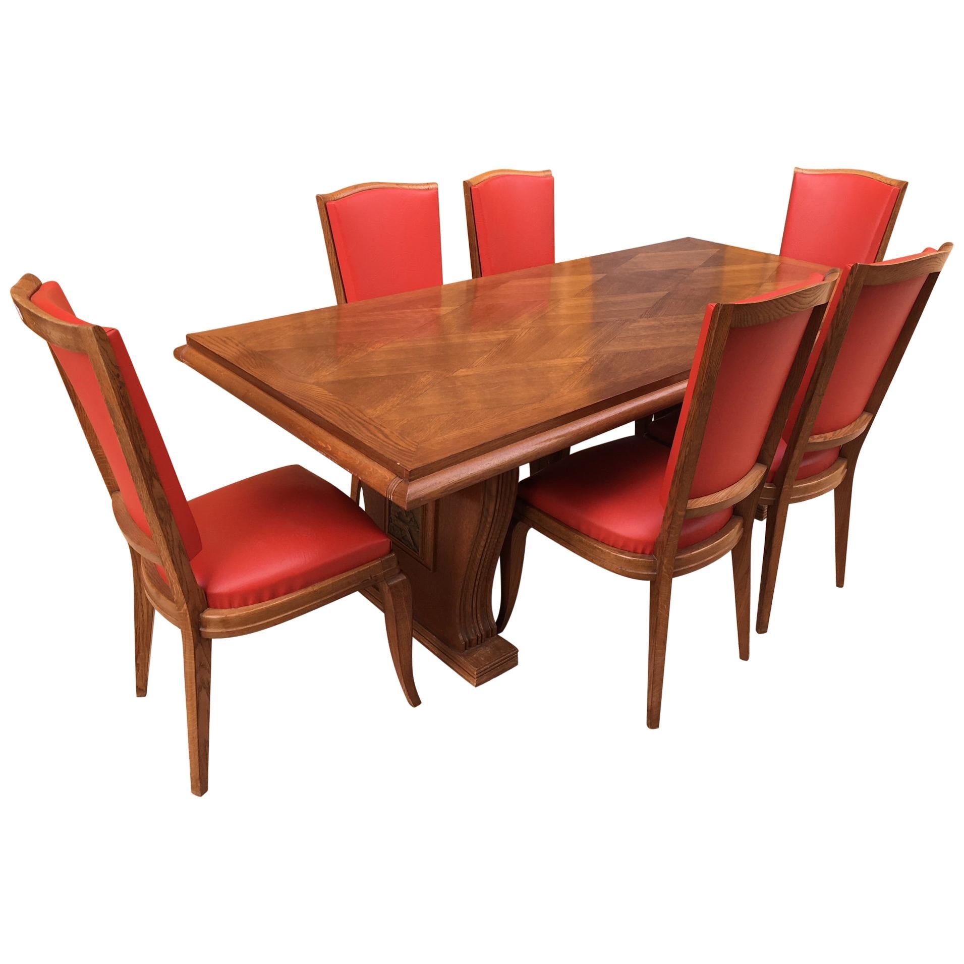 French Maxime Old Style Oak Table with 6 Chairs, 1940s