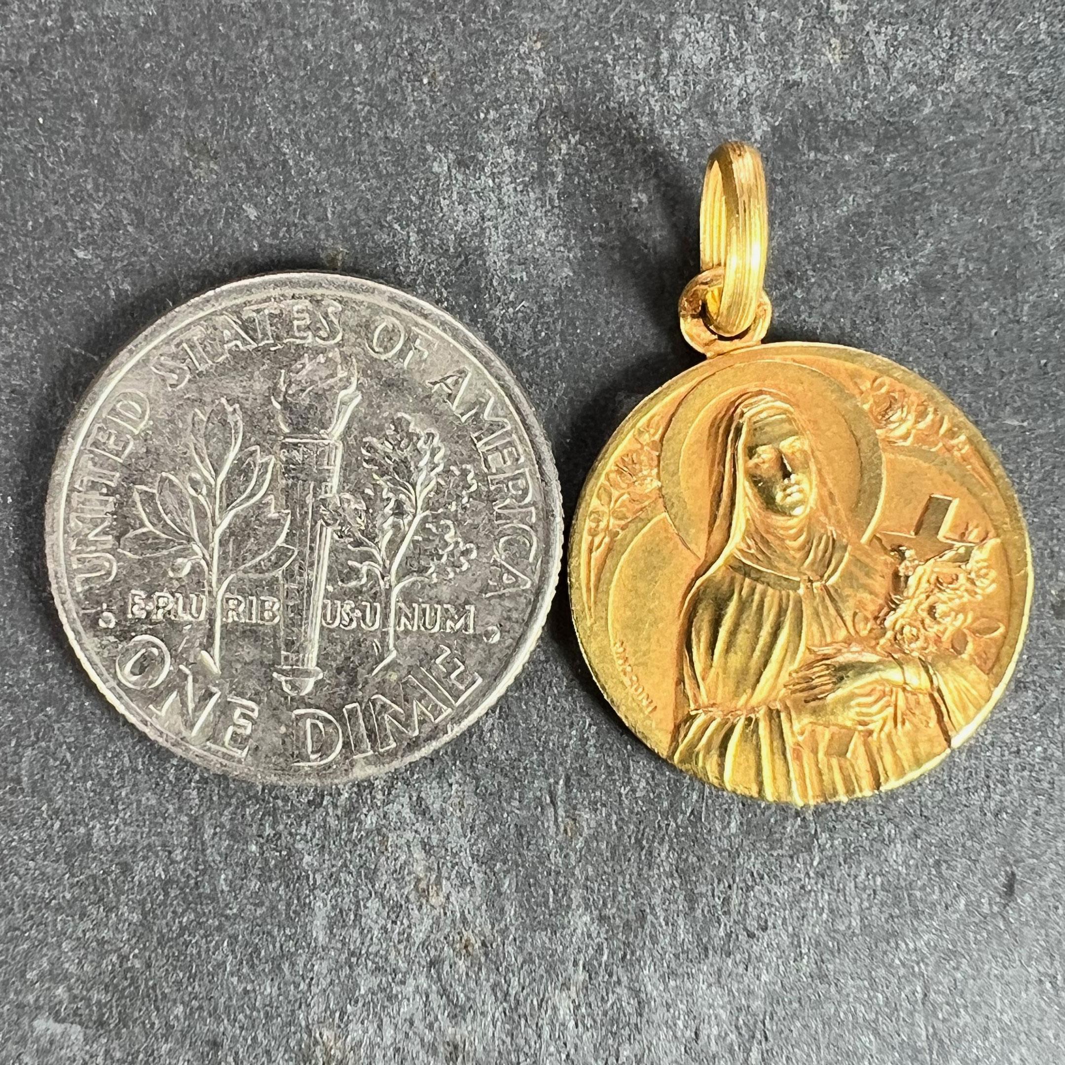 French Mazzoni 18K Yellow Gold St Therese Medal Charm Pendant For Sale 6