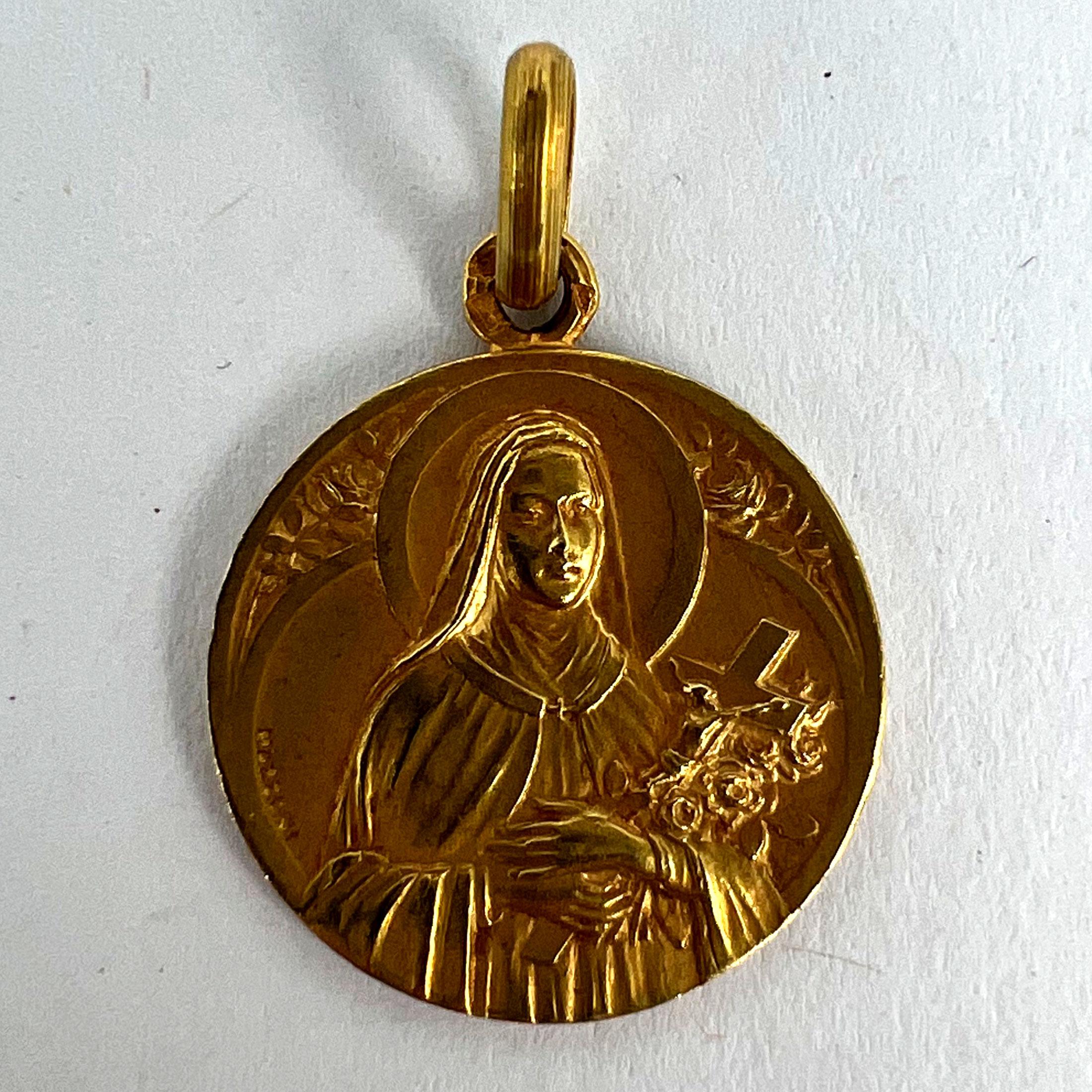 French Mazzoni 18K Yellow Gold St Therese Medal Charm Pendant For Sale 7