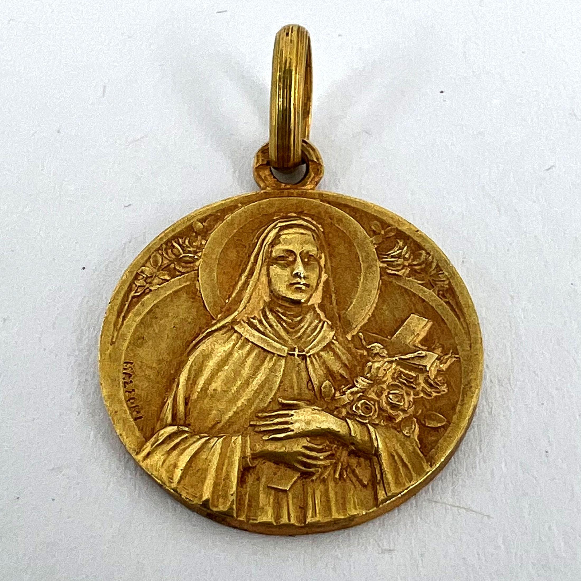 French Mazzoni 18K Yellow Gold St Therese Medal Charm Pendant For Sale 8
