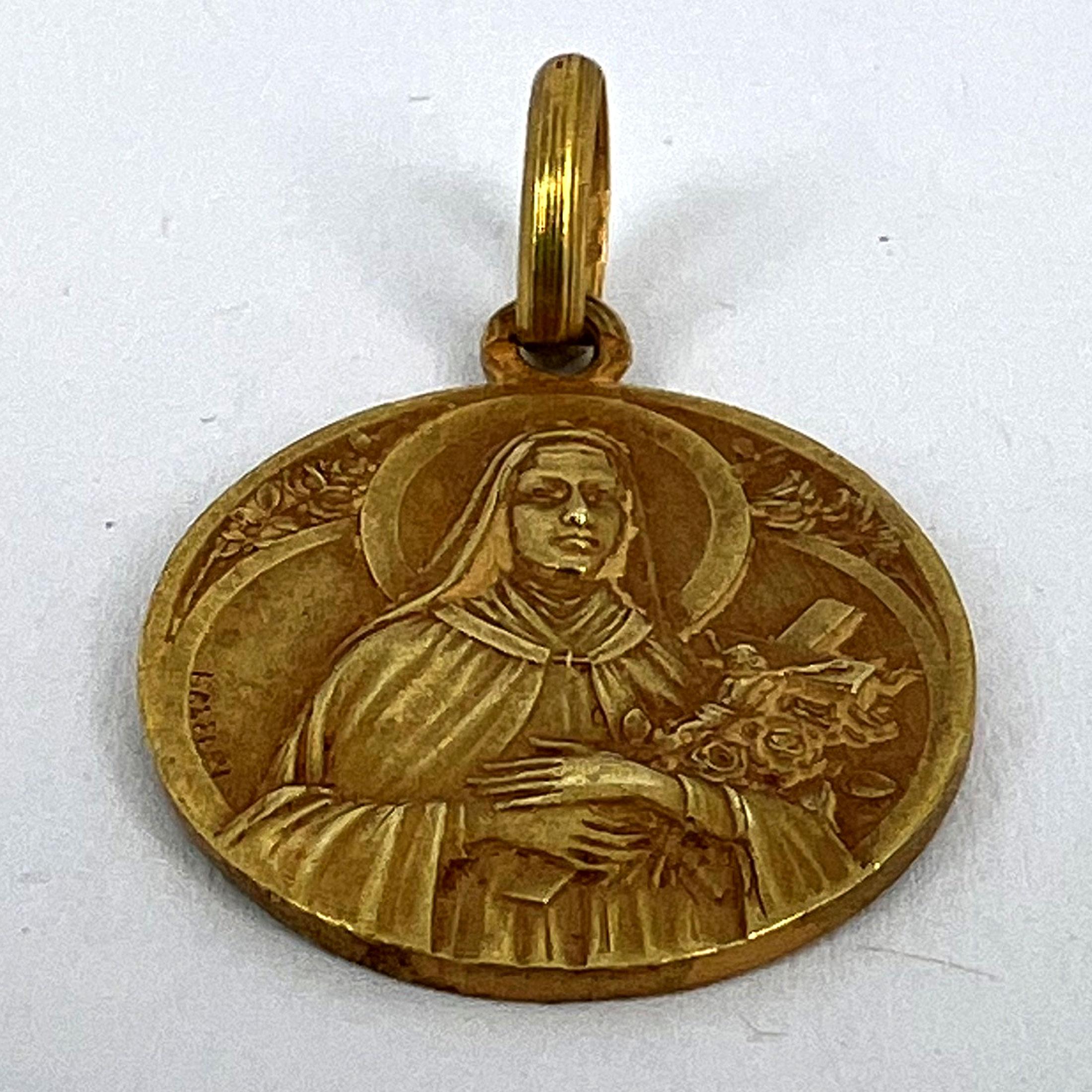 French Mazzoni 18K Yellow Gold St Therese Medal Charm Pendant For Sale 9