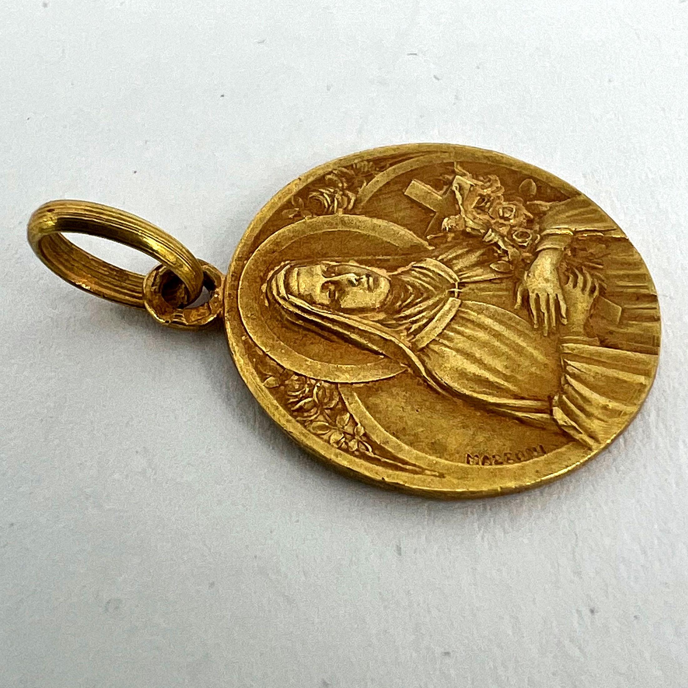 French Mazzoni 18K Yellow Gold St Therese Medal Charm Pendant For Sale 10