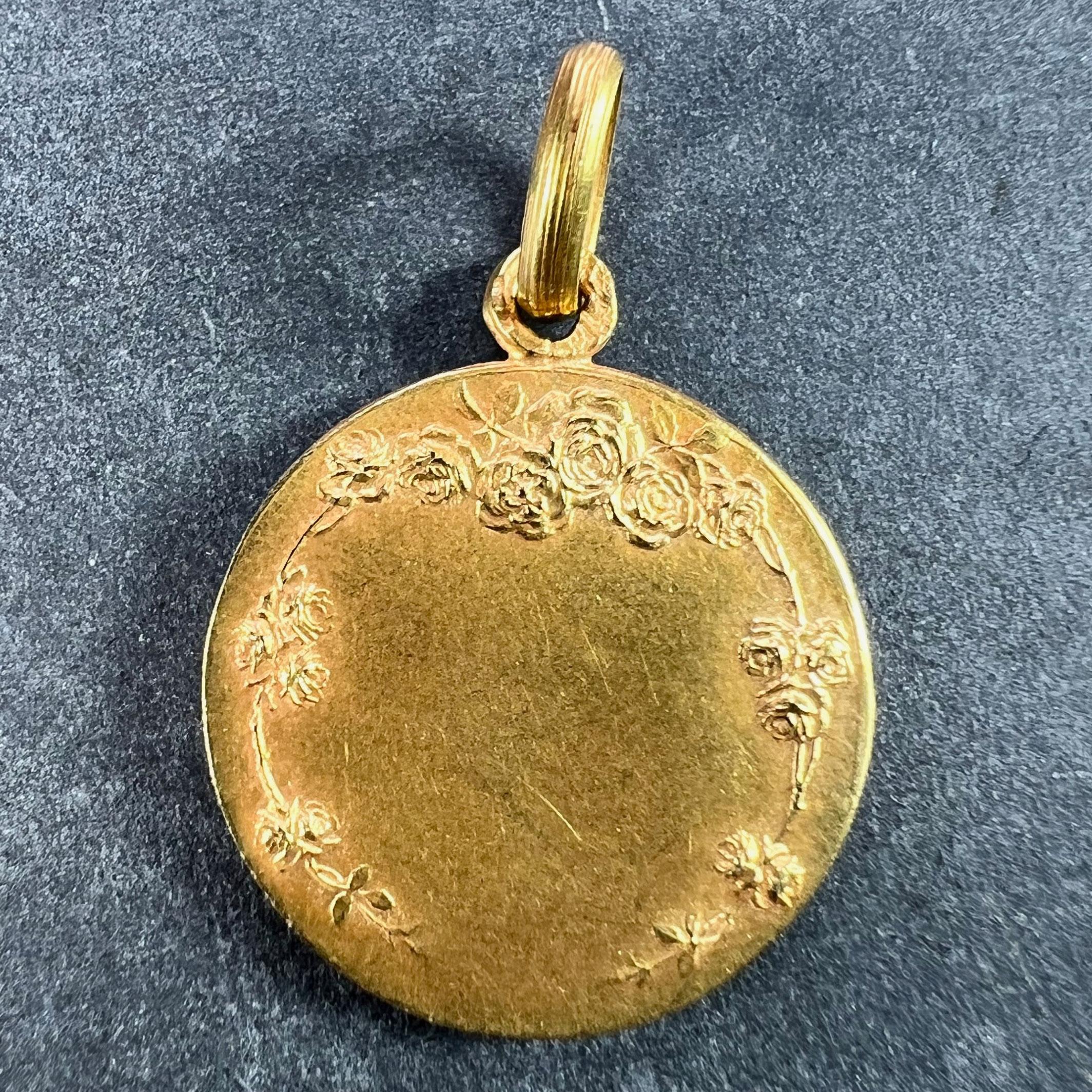 French Mazzoni 18K Yellow Gold St Therese Medal Charm Pendant In Good Condition For Sale In London, GB