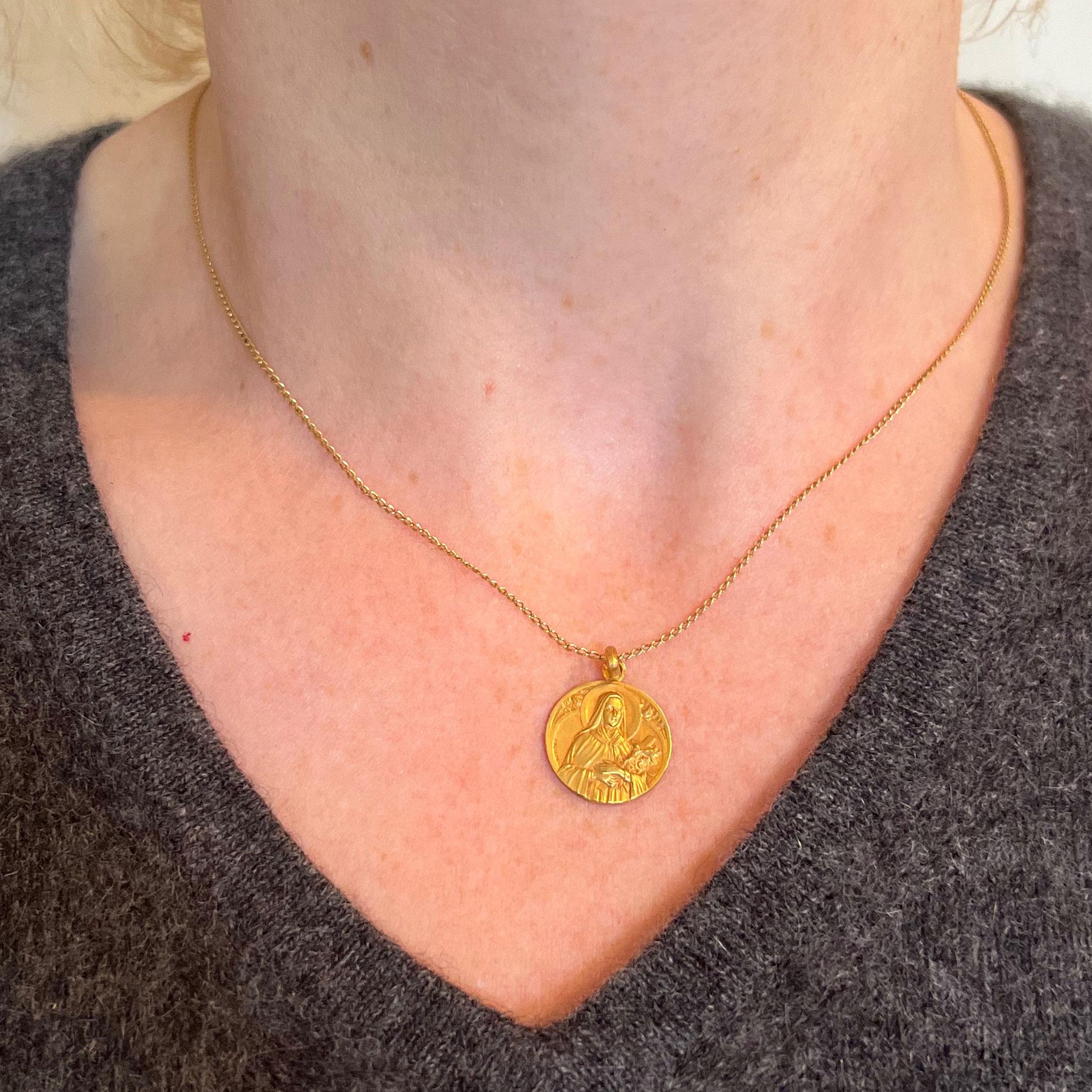 Women's or Men's French Mazzoni 18K Yellow Gold St Therese Medal Charm Pendant For Sale